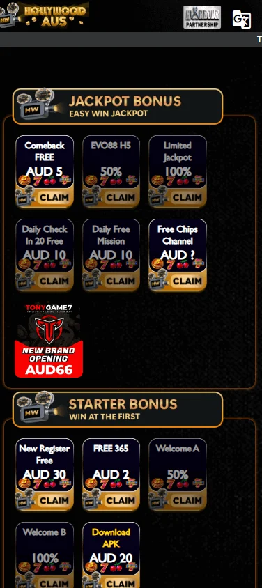 Hollywood Aus Casino mobile promotions area featuring the $30 AUD no deposit bonus