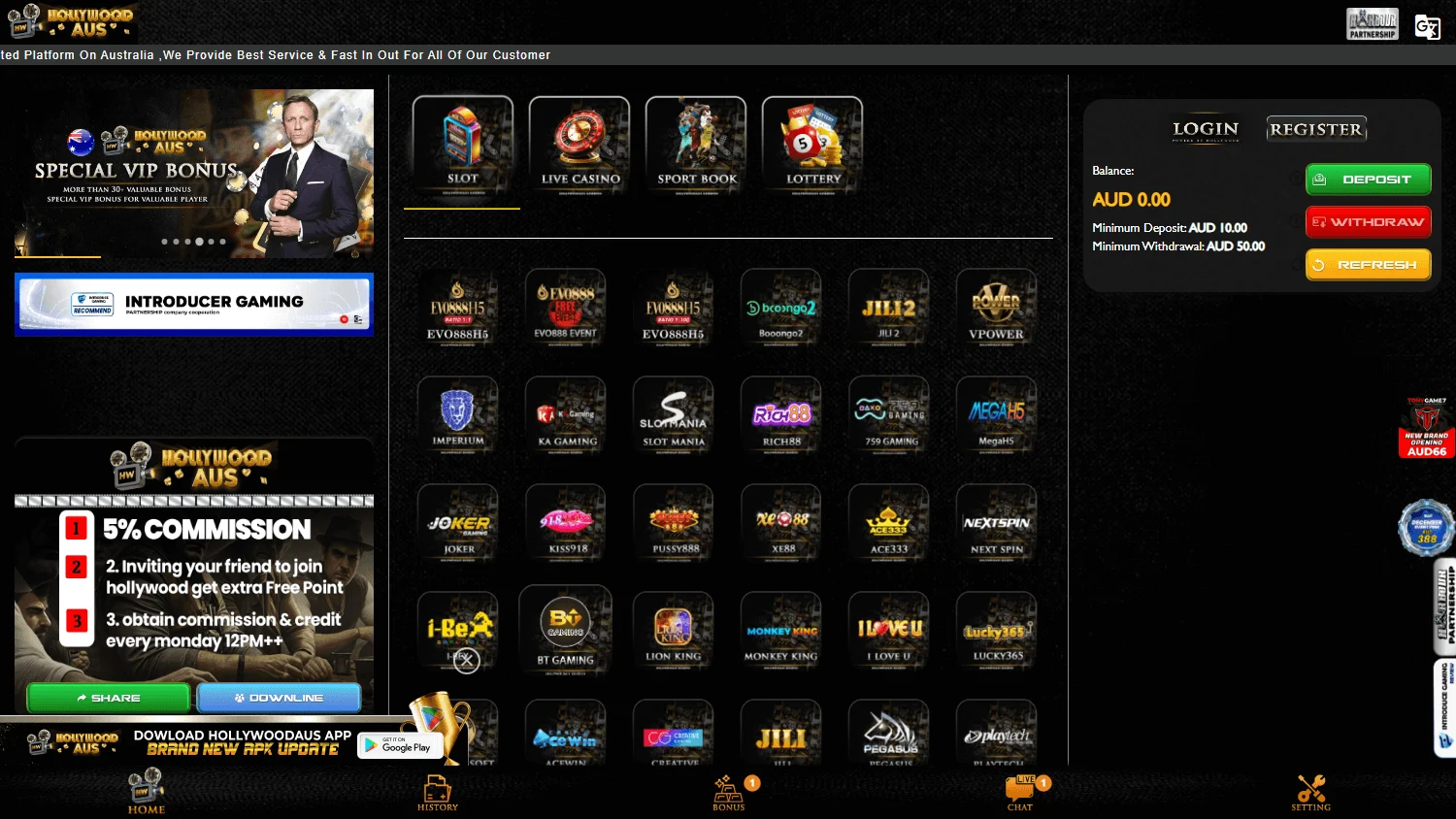 Hollywood Aus Casino desktop home with AUD casino offer and game categories