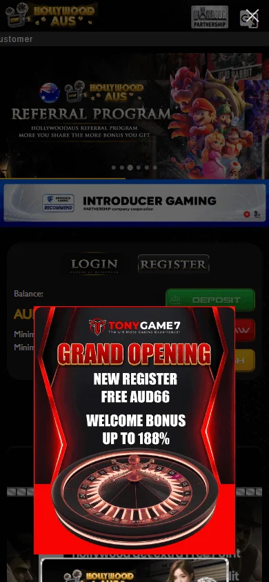 Hollywood Aus Casino mobile-optimised home with casino games and AUD offer