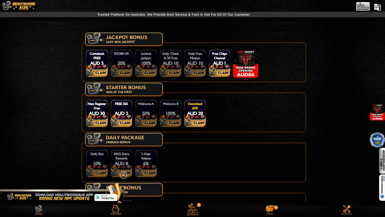 Hollywood Aus Casino desktop promotions area featuring the $30 AUD no deposit bonus